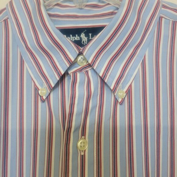 Polo Ralph Lauren Large Shirt Mens Large Button Blue Wide Stripe Blake Vintage - Picture 5 of 9